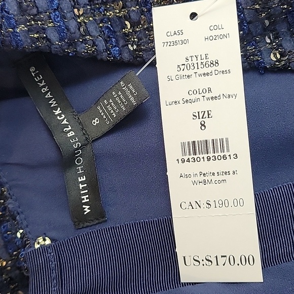WHBM classic blue glitter tweed sheath dress Gold buttons on shoulder - Picture 9 of 11